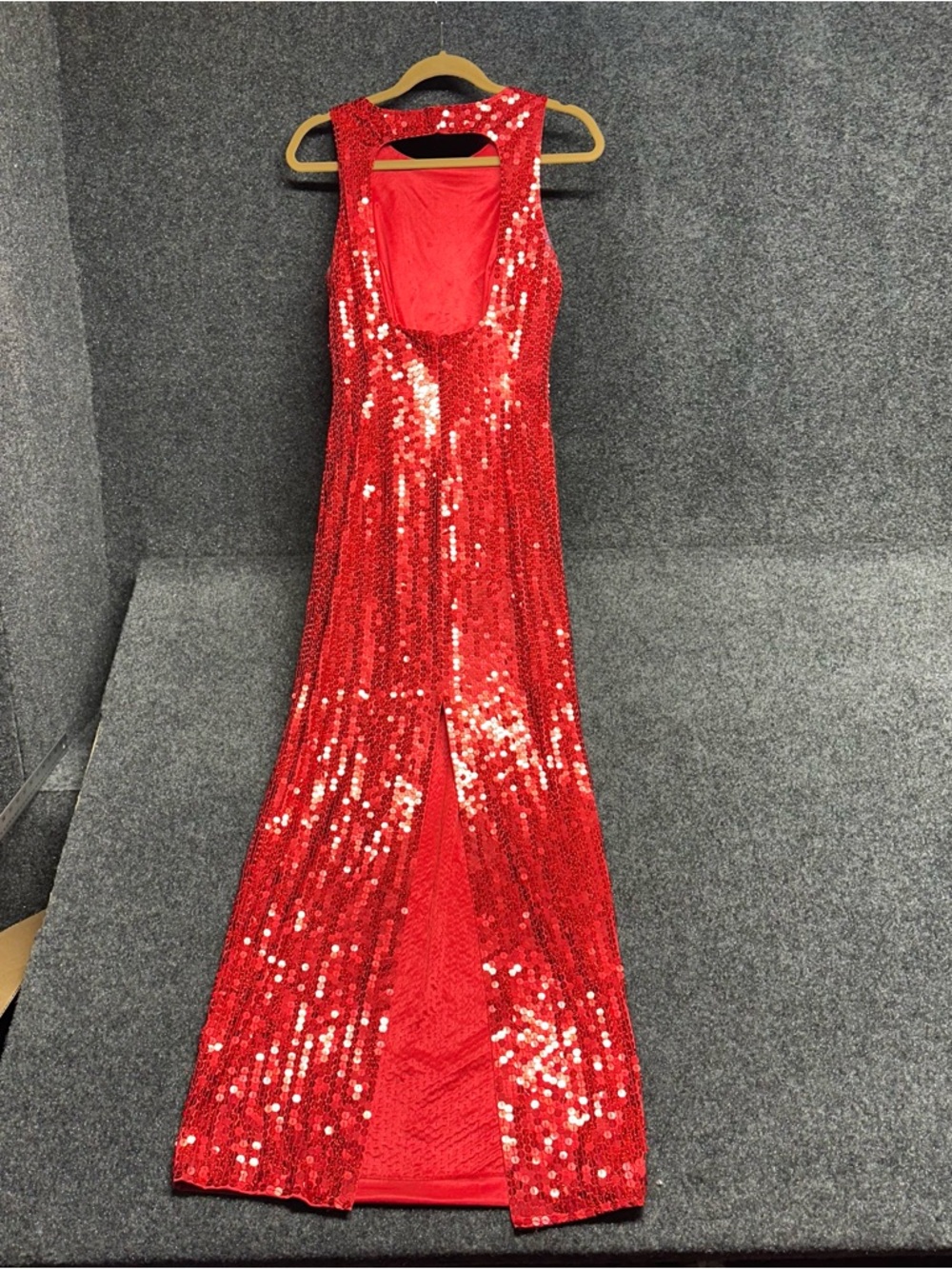 Cherry Red Sequined Formal Gown Vintage Sexy Open Back Fitted Prom Cocktail Glam
